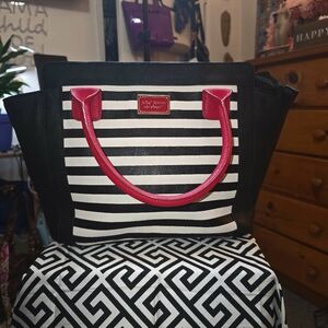 Betsey Johnson Black and White Striped Tote with Red Handles NWOT